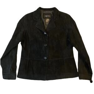 Brandon Thomas Women Suede Jacket Size L Black Cuirad Leather Blazer Button